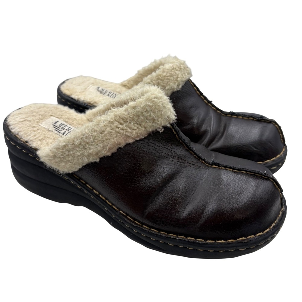 American Eagle Harvey‎ Shoes Chunky Clog Mule Womens 10 Brown Y2K Shearling VTG